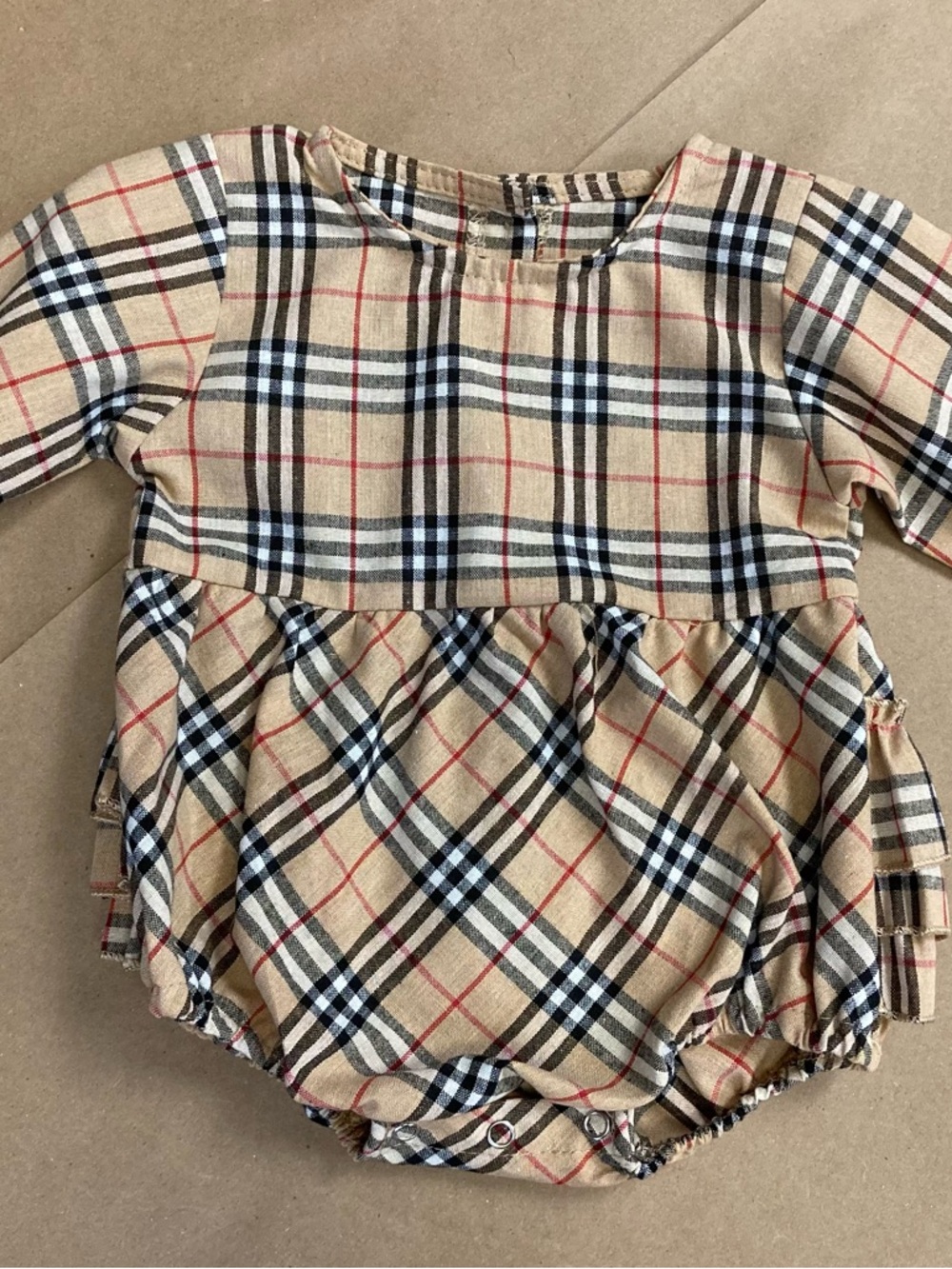 Abby & Evie plaid ruffle bubble romper tan black red long sleeve 12M